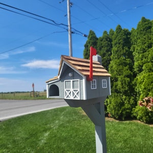 Newspaper Mailbox Amish Handmade. Wooden Mailbox With Cedar Shake Roof and a Tall Prominent Sturdy Flag
