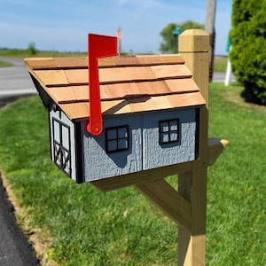 Dark Gray Mailbox - Amish Handmade - Wooden - Barn - Style - With Tall Prominent Sturdy Flag- Cedar Shake Shingles Roof - Mailbox - Outdoor