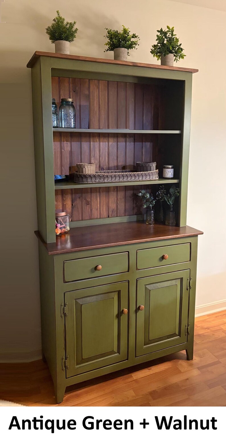Amish Handmade Bookcase Cabinet - Large Cabinet Hutch- Multipurpose Cabinet Drawers - Farmhouse - Storage - Rustic - Case Goods -Home Decor Antique Green+Walnut