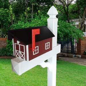 Amish Mailbox - Handmade - Poly Lumber Barn Style - Black Roof, Red Box With White Trim - Weather Resistant