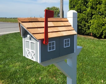Amish Mailbox Gray - Handmade - Wooden - Barn Style - Gray - With a Tall Prominent Sturdy Flag - With Cedar Shake Shingles Roof