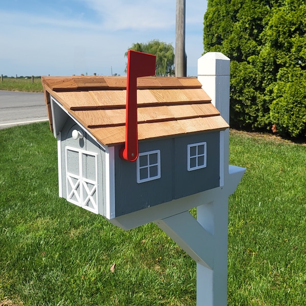 Amish Mailbox Gray - Handmade - Wooden - Barn Style - Gray - With a Tall Prominent Sturdy Flag - With Cedar Shake Shingles Roof