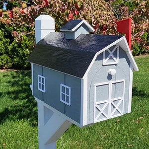 Dutch Barn Amish Handmade Wood Mailbox, Choose Your Color, Amish Mailbox With Red Flag and Black Roof