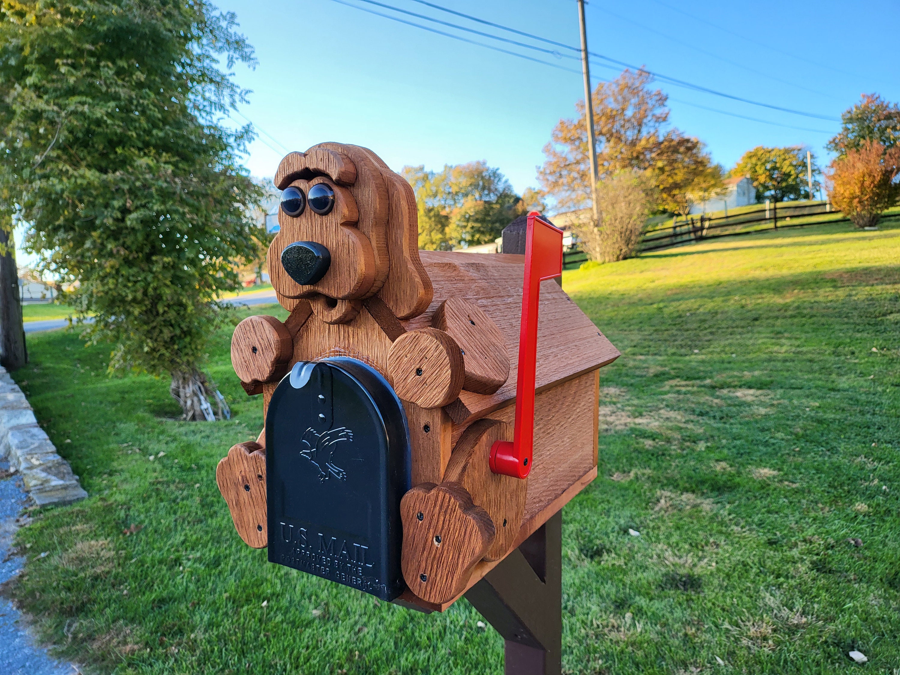 Dog Mailbox  Amish Handmade, Wooden With Metal Box Insert USPS Approved - Made With Yellow Pine Rougher Head