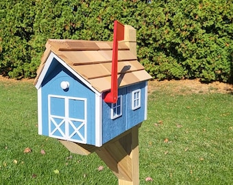 Amish Mailbox - Handmade - Barn Style - Wooden - Tall Prominent Sturdy Flag - With Cedar Shake Shingles Roof - Amish Outdoor Mailbox