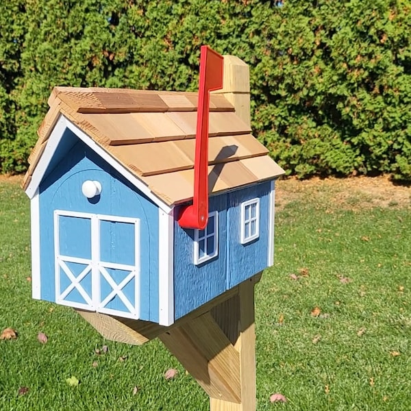 Amish Mailbox - Handmade - Barn Style - Wooden - Tall Prominent Sturdy Flag - With Cedar Shake Shingles Roof - Amish Outdoor Mailbox