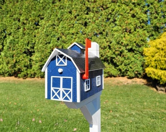 Dutch Barn Large Mailbox Amish Handmade, Choose Your Color, Amish Mailbox With Red Flag, Black Roof