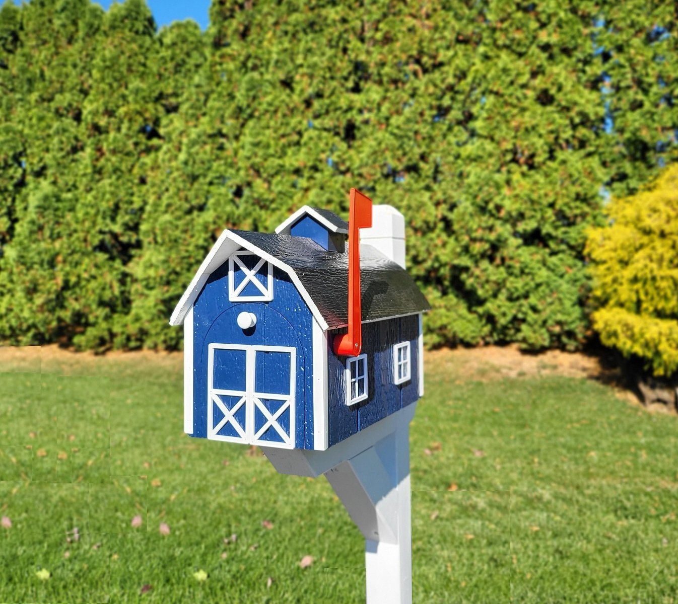 Dutch Barn Large Mailbox Amish Handmade, Choose Your Color, Amish Mailbox With Red Flag, Black Roof