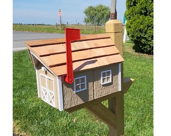 Amish Mailbox - Handmade - Wooden - Clay - Barn Style - Mailbox - With Tall Prominent Flag - With Cedar Shake Shingles Roof - Decorative