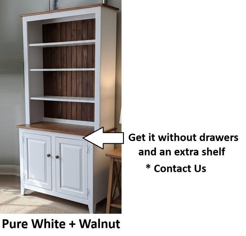 Amish Handmade Bookcase Cabinet - Large Cabinet Hutch- Multipurpose Cabinet Drawers - Farmhouse - Storage - Rustic - Case Goods -Home Decor Pure White + Walnut