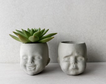 Emotions in Bloom Concrete Baby Doll Head Planter Set of 2 | Baby head planter set - sad and happy | Concrete head planter | Succulent pot