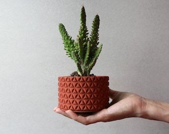 Red geometrical concrete planter | Terracotta red textured concrete planter | Planter pot | Concrete desk organiser