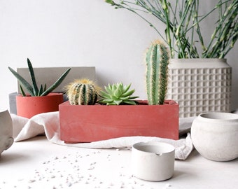 Red terracotta concrete planter box | Minimalist planter pot | Succulent plant planter | Rectangular plant pot | Nursery planter box pot