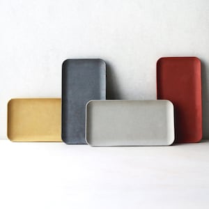 Puede incluir: Cuatro bandejas rectangulares de diferentes colores. Las bandejas están hechas de un material texturizado y están dispuestas en fila. Las bandejas son grises, beige, gris claro y rojo.