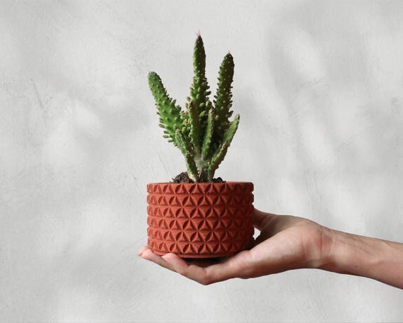 Hand-cast concrete planter with a crisp 3D geometric pattern — the kind of tactile, sculptural desktop piece you genuinely can't find at a big-box store.