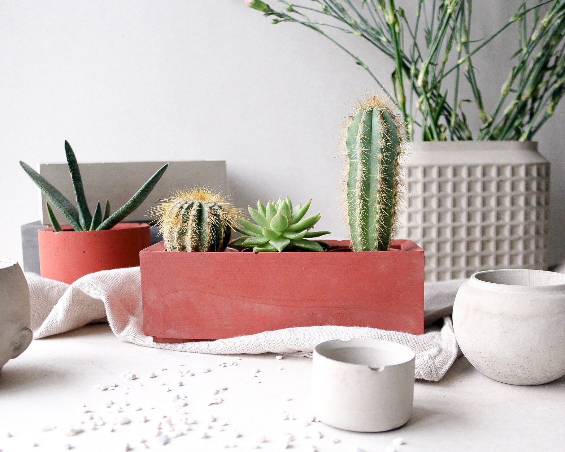 Jardinière en béton terre cuite rouge | Cache-pot minimaliste | Jardinière de plantes succulentes | Cache-pot rectangulaire | Cache-pot pour jardinièr