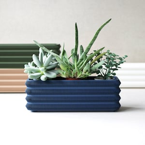 Puede incluir: Una jardinera rectangular azul marino con un diseño texturizado y corrugado, llena de varias suculentas y plantas pequeñas. Otras jardineras en verde y beige son visibles en el fondo. La jardinera mide aproximadamente 30 cm de largo.