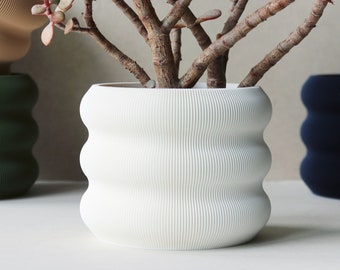 Elegant White Minimalist 3D Printed Decorative Planter with Line Pattern | Modern Planter Pot | Perfect for Indoor and Outdoor Plants