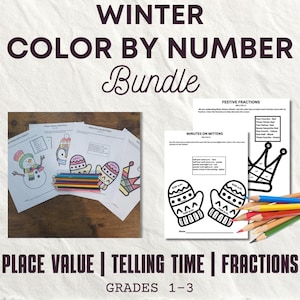 Paquete de matemáticas para colorear por números / Lectura de la hora, fracciones y valor posicional / Grados 1.º a 3.º