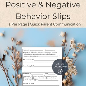 Puede incluir: Descarga digital de « Informes de comportamiento positivo y negativo ». El documento incluye dos formularios por página para una comunicación rápida con los padres. Los formularios tienen casillas de verificación para el reconocimiento y espacio para notas.