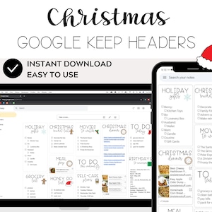 May include: A digital screen displaying a Google Keep note with a Christmas theme. The note is divided into sections with headings like "Holiday Gifts", "Christmas Bucket List", "Movies to Watch", "Christmas Dinner", and "To Do Today". Each section has a checklist with items related to the heading. The screen is on a laptop computer.
