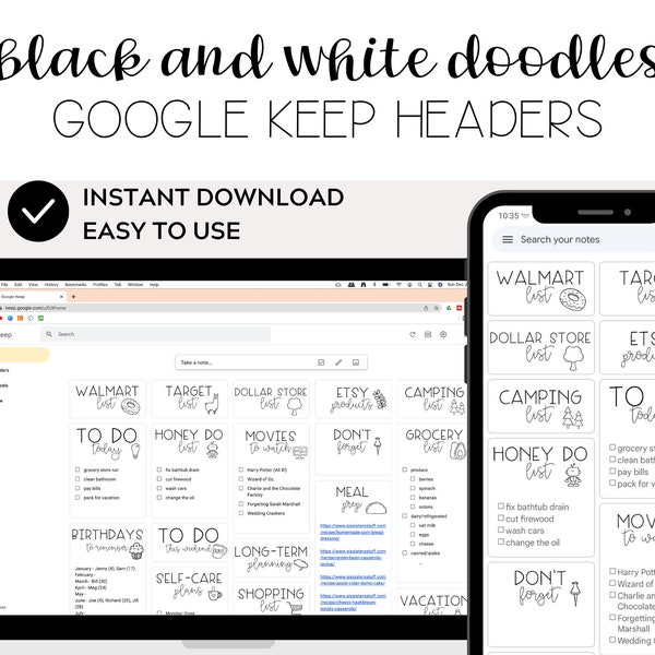 Black and White Google Keep Headers, Cute Fonts with Doodles, Minimalist Design, List Headers