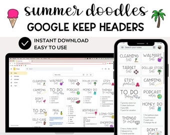 May include: A digital screen displaying a Google Keep note with a summer theme. The note has a list of items to do, including "grocery store run", "clean bathroom", "pay bills", and "pack for vacation". The note also has a list of things to watch, including "Harry Potter (All)", "Wizard of Oz", and "Charlie and the Chocolate Factory".