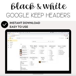 Google Keep Headers, minimalistisches Design, niedliche Schriftarten, schwarz und weiß