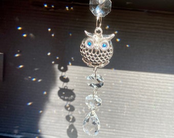 Handmade Owl Sun Catcher, Hanging Crystal Pendant, Crystal Sun Catcher, Window Decorative, Glass Crystals