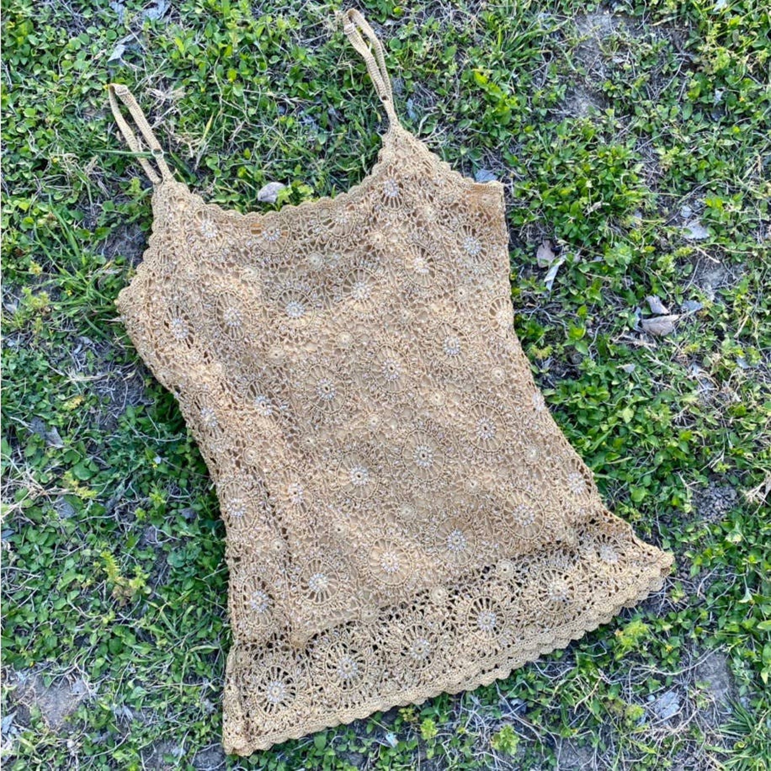 Vintage Y2K gold embroidered crochet knit cami top | Etsy