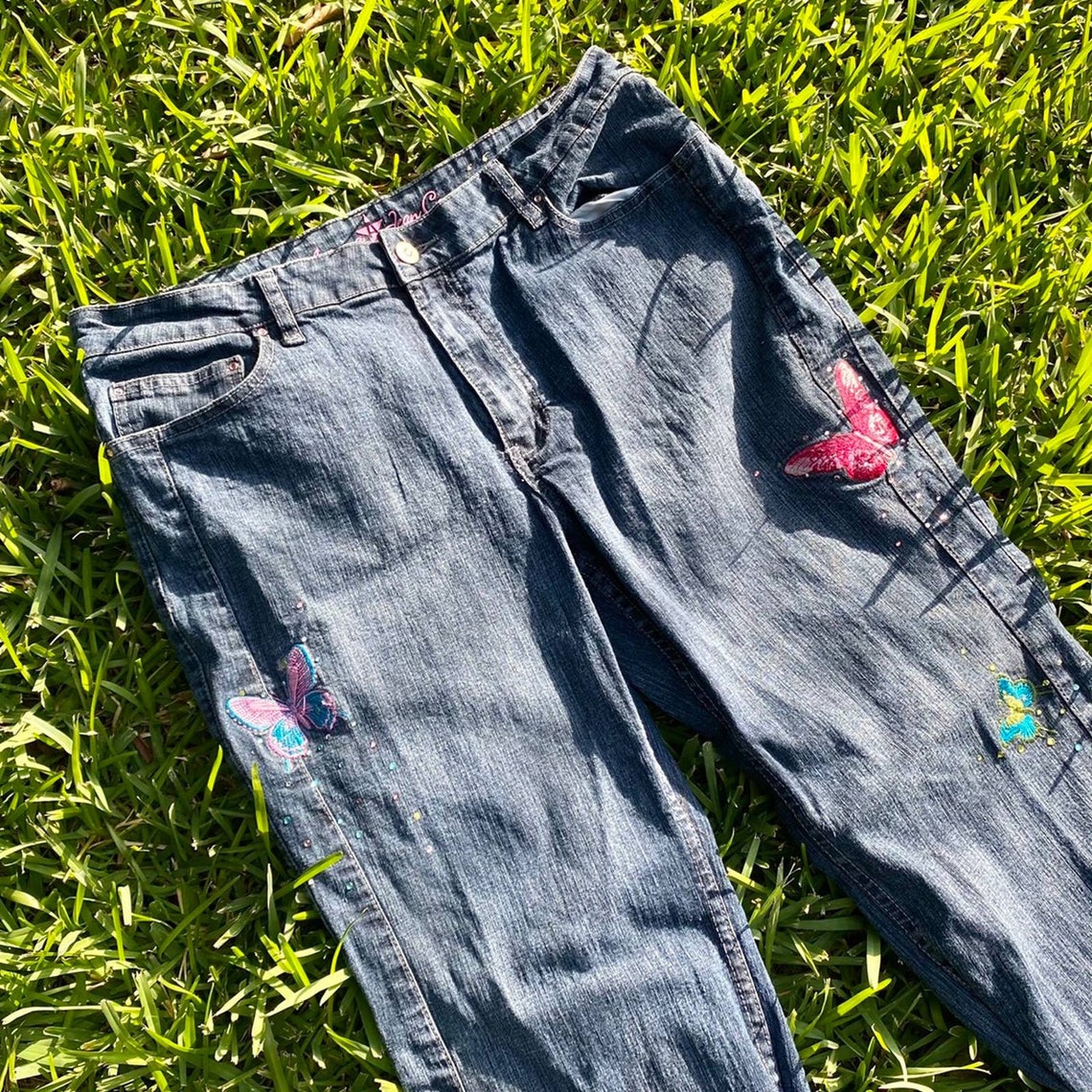 Vintage y2k butterfly embroidered jeans Etsy