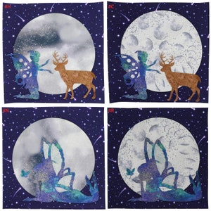 May include: Four digital illustrations of a fairy and a deer in front of a full moon. The fairy is blue and green with glitter. The deer is brown. The moon is white with a gray and blue watercolor effect. The background is a dark blue with white stars.