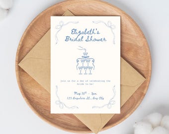 Champagne Tower Bridal Shower Invitation Template, (Digital Download, 5x7" Canva Template) Elegant Bow Icon Printable, Instant File Access
