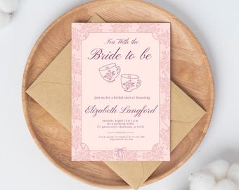Pink Floral Tea Party Bridal Shower Invitation Template, (Digital Download, 5x7" Canva Template) Elegant Printable, Instant File Access