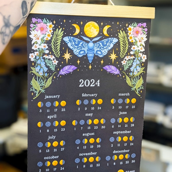 2024 Blue Moth Lunar Calendar Tapestry, Moth Wall Decor, Witchy Calendar Hanging, Moon Phase Calendar, Zodiac Calendar