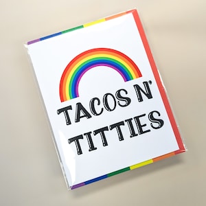 Tacos n' Titties LGBTQ+ Carte de voeux Rainbow Pride, carte Friend Pride, carte d'encouragement Gay Pride