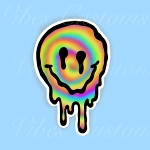 Trippy drippy smiley face 3 inch sticker white background water proof