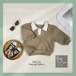 May include: A brown long-sleeved collared shirt with a white collar and a white button. The shirt is on a white surface with a white mirror and a pair of sunglasses. The text "SWS-03 - Sewing Pattern -" and "Boba Corner Made with love" is on the image.