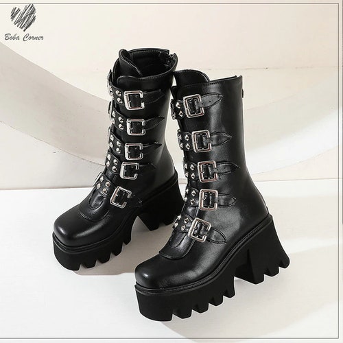 Winter Gothic Punk Boots, Women Platform Boots, Buckle Strap Zipper Wedges Shoes Mid Calf Military Combat Boots, Motorcycle Boots
