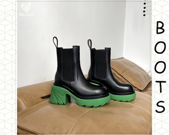Chunky Sole Chelsea Boots, Black Green Chelsea Boots, Platform Boots, Women Boots, Ankle Boots, Platform High Heels Women Boots,
