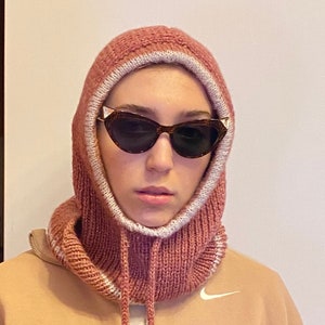 Women's hand-knitted hooded scarf, llama wool, dark pink, beige, Warm hood cowl, balaclava, snood, scarf, soft, fluffy, delivery from Europe