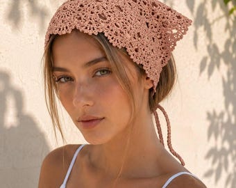 Handmade Crocheted Boho Bandana, lace knitted kerchief | Headwear, summer scarf, 100% cotton,