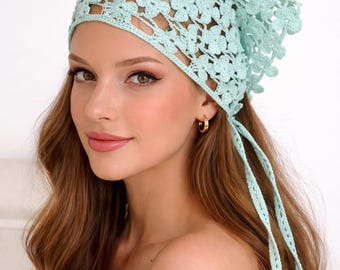 Handmade Crocheted Boho Bandana, kerchief | Headwear, summer scarf, 100% cotton, with sequins