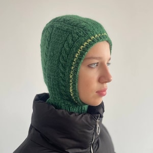 Knitted women&#39;s balaclava, merino and angora, hat winter hood, ski hat, hooded scarf cap, helmet hat, plain balaclava, green, gray