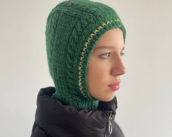 Hand-Knitted balaclava for women, hooded scarf cap, merino and angora, winter hood, ski hat, bonnet, helmet hat, plain balaclava