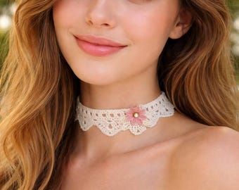 Handmade Delicate Crochet Choker Necklace | Handmade Cotton Lace Beaded Necklace | Romantic and Feminine Choker Necklace