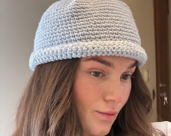 Hand-knitted Docker hat for women, Merino Wool, Docker Beanie with trip, Sequined Brim, 22-23”