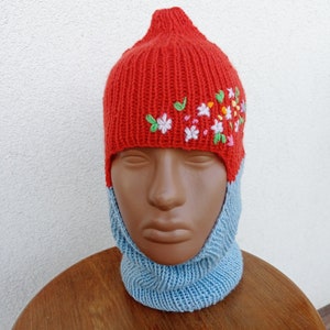 Hand-knitted Balaclava for girl, full face mask, winter motley ski mask, for girl 9-12 years, with embroidery, ski mask, crochet face cover