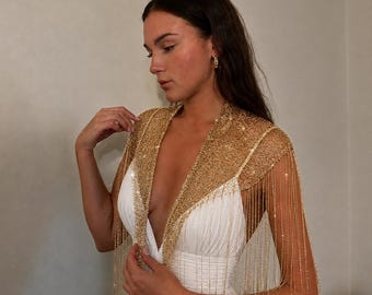 Hand-knitted triangle kerchief with golden sequins, woman's fashion shawl with tassels, Bandana, Retro headscarf, stylish evening jewelry