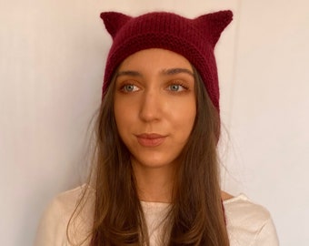 Knitted women's bonnet from a mixture of wool and angora, mohair, kitty bonnet, Warm Hat Angora soft, for adults and children, with cat ears